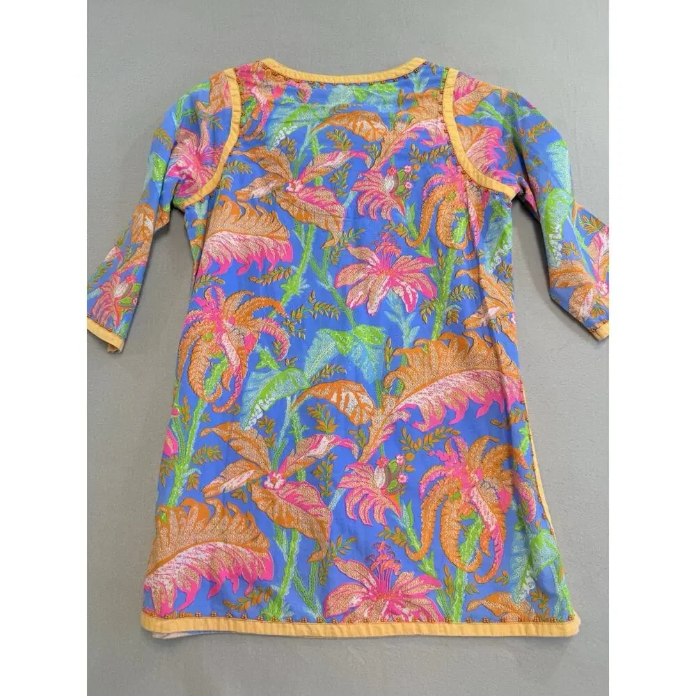 Gretchen Scott Womens XS Blue Orange Pink Tropical Floral Bead V-Neck Tunic Top - Picture 8 of 10